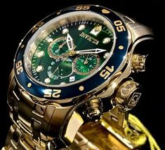 Invicta Mens Pro Diver Scuba Chronograph Green Dial 18Kt Gold Plated Watch 0075 843836000758 | eBay Gold Diamond Watch With Tachymeter, Gold Chronograph Watch, Gold Chronograph Watch With Chronometer, Formal Green Chronograph Analog Watch, Formal Green Chronograph Watch, Formal Green Analog Chronograph Watch, Gold Plated Watch, 18k Gold Bracelet, Invicta Watches