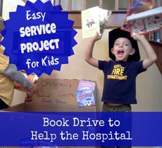 two children are holding up books in front of a sign that says, book drive to help the hospital