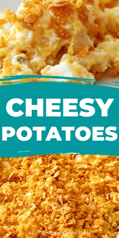 cheesy potato casserole with text overlay that reads cheesy potatoes