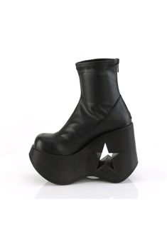 5" Star Cutout Platform Wedge Ankle Boot, Back Zipper - Fit Guide: True to Size - Heel Height: 5" Platform - Brand: Demonia - Shown in Women's Sizes - Country of Origin: Imported Shoes Png Aesthetic, Frankie Stein Redesign, Shoes With Stars, Star Heels, Shoes Png, Black Platform Shoes, Funky Shoes, Weird Fashion, Wedge Ankle Boots