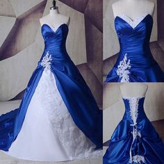 a blue and white wedding gown on display