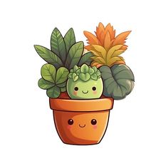 a potted plant with plants in it and smiling face on the front, isolated against a white background