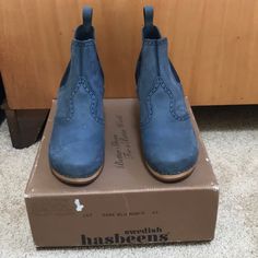 New! Swedish Hasbeens Size 41 Dark Blue Nubuk Pull On Ankle Boots. Scalloped And Perforations. The Box Is A Little Damaged From Storage But Boots Are Never Worn. Swedish Hasbeens, The Box, Dark Blue, Ankle Boots, Color Blue, Women Shoes, Boots, Women Shopping, Blue