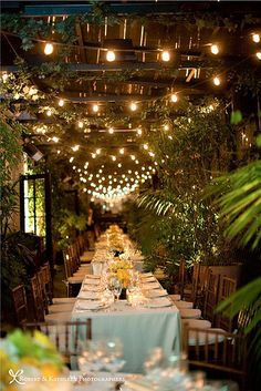 an outdoor dining area with lights strung from the ceiling and tables set up for dinner