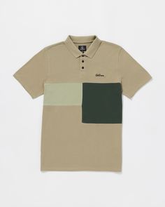 The Stoney Baloney Polo Shirt is a classic cotton pique polo with a modern twist. The cut panel color block and Volcom script embroidery add a little unique style while the soft construction lends a premium feel. Featured here in beige. - 
 - 100% Cotton pique
 - Classic fit
 - Left chest Volcom script embroidery
 - Cut panel color block
 - Woven label Pre Promo, Script Embroidery, Snow Surfing, Woven Label, Woven Labels, Short Sleeve Shirt, Color Block, Short Sleeves Tops, Unique Style