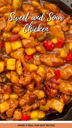 sweet and sour chicken in a skillet with text overlay