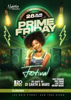 an event flyer for the prime friday festival with a woman in overalls and headphones