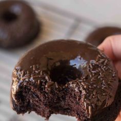 a hand holding a chocolate donut with one bite taken out