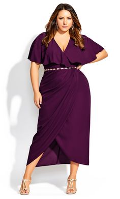 Cast a spell of seduction with your curves in the ultra-divine Enchantment Maxi Dress. Draping across your curves in a cape style V-neckline, faux wrap fit, and jeweled chain belt accent, this luxe dress is ready to stun. Key Features Include: - Faux wrap V-neckline - Cape style yoke & sleeve coverage - Pleated bodice detail - Fitted waistline - Removable gold jewel chain belt - Faux wrap maxi length skirt - Invisible back zip closure - Woven non-stretch fabrication - Satin lined - Keyhole back Plus Size Formal Wedding Guest Dress, Bedazzled Belt, Trendy Plus Size Fashion, Plus Size Cocktail Dresses, Cape Style, Wrap Maxi Skirt, Cape Sleeves, Plus Size Maxi, Plus Size Wedding