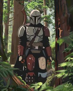 boba fett standing in the middle of a forest