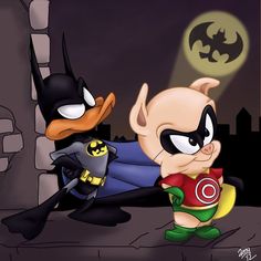 two cartoon characters dressed up as batman and catwoman