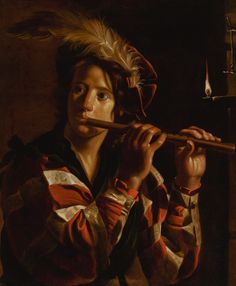 a painting of a man playing a flute