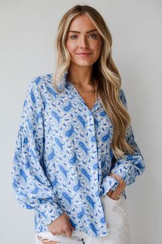 Blue Paisley Blouse Paisley Motif, Blue Palette, Trendy Tops For Women, Azure Blue, Blue Paisley, Free Spirited, Vibrant Blue, Paisley Pattern, Tailored Trousers