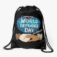 a black drawsack bag with the words, world refuge day on it and an image of two hands holding each other