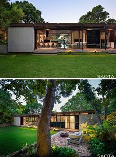 this modern house has an open floor plan and is surrounded by trees