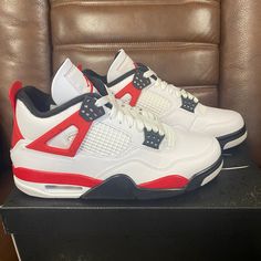 Air Jordan 4 Red Cement Brand New, 100% Authentic Can Show The Receipt From Store Size: M8/W9.5 New Fire. Reigniting A Beloved Brand Color, The Aj4 "Red Cement" Brings A Heritage Twist To The Buzzer-Beating Silhouette. Fire Red Accents With A Speckle Effect Recall The Original "White Cement" Colorway, And Crisp White Leather Keeps Every 'Fit Feeling Clean. Sku: Dh6927-161 Jordan 4s Red Cement, Red Cement 4s Outfit, Red And White Jordans, Gold Basketball Shoes, Jordan 4 Red, Pinterest Wardrobe, Pretty Sneakers, Jordan Retro 6, Jordan Retro 12