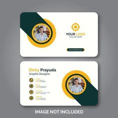 two sided business card with yellow and green details on the front, side and back