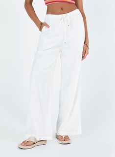 Ogilvie Pants White Long Pants Fashion, Flowy Wide Leg Pants, White Pants Women, Trousers White, White Linen Pants, Cotton Linen Pants, Linen Blend Pants, Beaded Prom Dress, Flowy Pants