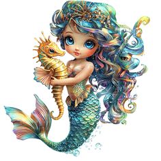 a drawing of a mermaid holding a seahorse in her hands and looking at the camera