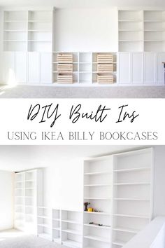 two white bookshelves with the words diy built tips using ikea billy bookcases