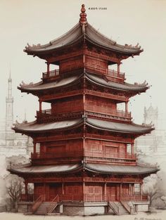 Japanese Tower Drawing, Chinese Temple Architecture, Old Japanese Architecture, Chinese Roof, Modern Japanese Architecture