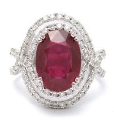 3.59CT OVAL CUT RED RUBY CENTER STONE PRONG SET IN THIS GORGEOUS TWISTED DIAMOND SETTING   DIAMONDS/SPECIFICATIONS  Center Stone - RUBY Weight: 3.59CTW Shape: CUSHION Color: Red  Side Diamonds: Weight: 1.00ctw Shape: Round Color: H Clarity: SI1  STYLE #:RUB1500  Certificate/Appraisal: Included  Retail Appraisal Value:  $5,450.00   This is a custom made to order item and is available in all ring sizes. Please call us for your ring size.  * Larger/Smaller center stones are also available in with t Engagement Ring Double Halo, Ruby Diamond Engagement Ring, Black Tungsten Wedding Band, Diamonds Ring, Round Diamond Engagement Rings, Diamond Settings, Bling Rings, Ruby Diamond, Elegant Ring