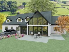 an artist's rendering of a house in the country side with a car parked outside