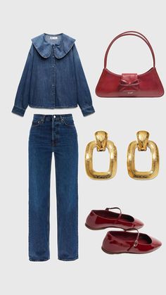 a woman's outfit including jeans, heels and handbag is shown in this image