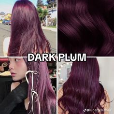 Violet Hair Ideas, Dark Purple Red Hair Burgundy, Dark Violet Highlights, Dark Hair Color Ideas One Color, Medium Plum Hair, Purple Hair Shades, Purple Highlights Dark Hair, Cool Tone Purple Hair