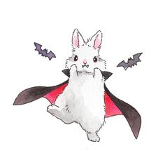 a drawing of a white rabbit wearing a red cape with bats flying around it's back