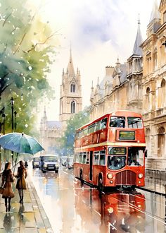 a red double decker bus driving down a street next to tall buildings and people with umbrellas