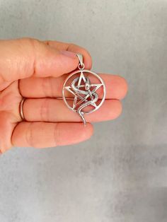 a hand holding a silver pendant with an inverted star in the center and a fish on it