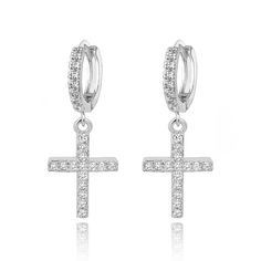 Cross Dangle Earrings in Gold or Silver with White Diamond Cubic Zirconia Hollywood Sensation® Silver Cross Earrings, Earrings Cross, Huggie Earring, Beautiful Cross, Cubic Zirconia Necklace, Earrings In Gold, Cross Design, Cross Earrings, Huggie Earrings