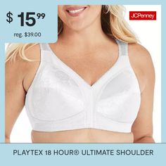 Deemed a Gotta-Have-It item for value you can count on every day! Comfort You DeserveNo Slip, Back Adjustable, Comfort Cushion Straps To Help Relieve Pressure On The Shoulders And Prevent Dig-In.Wireless Comfort.No Itchy Tags, We Are All Tagless.Support You Can TrustFuller Cups With Supportive M-frame For Amazing Support.TruSupport Bra Design That Provides A 4-way Support System: Extra Side And Extra Back Support, Fuller Cups To Reduce Spillage, And Designed With Comfort Strap(R) For All-day Co… Wireless Bra For Large Bust, Bra Design, Playtex Bras, White Bras, White Sports Bra, Unlined Bra, Full Coverage Bra, Bra Types, Support System