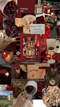 a collage of photos with wine, books and other things in it that are red