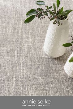 two white vases with plants in them sitting on a gray carpeted flooring