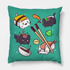 a green pillow with sushi and cats on it, including chopsticks in the middle