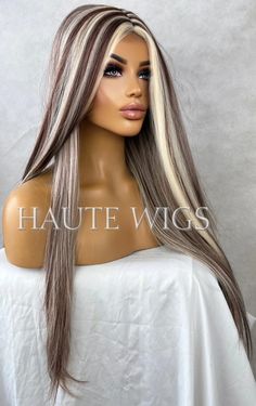 Blonde White Highlights, Brown With White Highlights, Highlights With Bangs, Streaks Highlights, Brunette Blonde Highlights, Brunette With Blonde Highlights, Lace Front Straight, Hair Lights, Blonde High