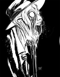 a black and white drawing of a man in a hat with blood dripping from his mouth