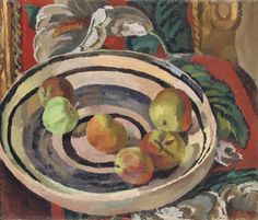 a painting of apples in a bowl on a table