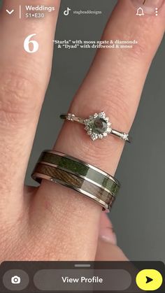 a woman's hand with two rings on it and the ring is made out of wood