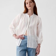 Soft Cotton Shirt. Crewneck. Three-Quarter Sleeves. Button Front With Lace Detailing. Nwt Classic Gap Tops For Fall, Classic Fitted Gap Tops, Gap Fitted Long Sleeve Tops, Button-up Cotton Tops For Daywear, Classic Gap Tops For Spring, Gap Cotton Button-up Blouse, Gap Relaxed Fit Shirt For Spring, Fitted White Gap Top, White Fitted Top By Gap