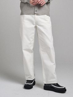 It is a semi-wide fit denim pant that has maxi length, which makes trendy silhouette. The pant is made of durable and stiff denim fabric and the YKK zipper closure makes high quality garment. The pant is wearable in any season and easy to style.- Button, zipper closure- Relaxed fit- Side pockets- Back pockets Modern Pants With Standard Cut Leg For Everyday, White Wide-leg Denim Pants, Everyday Wide-leg Rigid Denim Pants, Everyday Wide Leg Rigid Denim Pants, Urban Straight Leg Pants With Zip Fly, Classic Cotton Pants With Zip Fly, Urban Wide Leg Jeans With Zip Fly, White Rigid Denim Straight Leg Bottoms, White Straight Leg Rigid Denim Bottoms