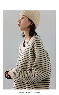 Pattern Type: striped Material: Wool, Nylon, Spandex, Acrylic Fit Type: LOOSE Elasticity: Medium Strectch Collar: V-Neck Clothing Length: Regular Elegant Sweater, Sweater Sale, Knitted Sweater, Everyday Style, Raglan Sleeve, Black Sweaters, Knitted Sweaters, Stripes, Spandex