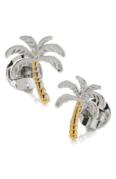 Ginger and hibiscus blooms bring playful vacay vibes to a silk tie complemented with palm-tree cuff links. 3"W x 58"L tie; 7/8"W x 3/4"L cuff links SIlk/silvertone plate/goldtone plate Imported Tree Cuff, Vacay Vibes, Beauty Advice, Platform Slippers, Tie Set, Fragrance Design, Kids Sandals, Designer Clothes For Men, Modern Outfits