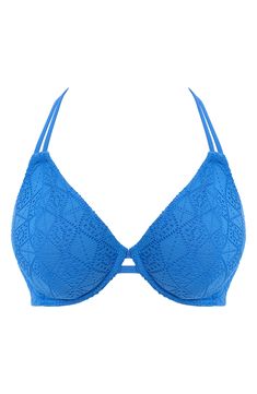 A lacy overlay brings depth and texture to this supportive underwire bikini top designed with powermesh-lined cups and adjustable halter ties. Ties at neck 53% polyamide, 31% polyester, 16% elastane Hand wash, line dry Imported Underwire Bra With Removable Pads For Pool, Pool Bra With Removable Pads And Underwire, Beachwear Bra With Removable Pads And Underwire, Adjustable Underwire Swimwear, Padded Underwire Swimwear, Summer Lace Bra With Padded Cups, Push-up Bra With Removable Pads For Pool, Beachwear Push-up Bra With Removable Pads, Summer Lace Underwire Bra