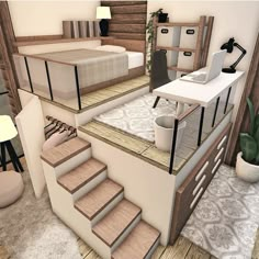 an artist's rendering of a bedroom with stairs leading up to the bed and desk