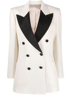 Find GUCCI Two-tone Wool Blazer on Editorialist. white/black wool shoulder pads satin peak lapels double-breasted button fastening long sleeves chest welt pocket two side patch pockets straight hem Fishnets And Boots, Casual Suit Jacket, Tuxedo Dress, Casual Suit, Double Breasted Blazer, White Blazer, Wool Blazer, Moda Operandi, Mini Black Dress