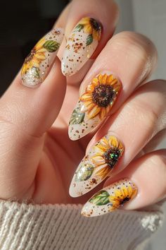 Brighten your day with 25 sunflower nail art designs! Discover vibrant and cheerful styles that bring a touch of sunshine to your manicure. Sunflower Nails Design, Expensive Nails, Sunflower Things, Cozy Nails, Nails Sunflower, Fall Nail Art Ideas, Sunflower Nail, Sunflower Nail Art, Sun Nails