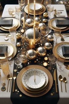 the table is set with black and gold plates, silverware, and golden candlesticks